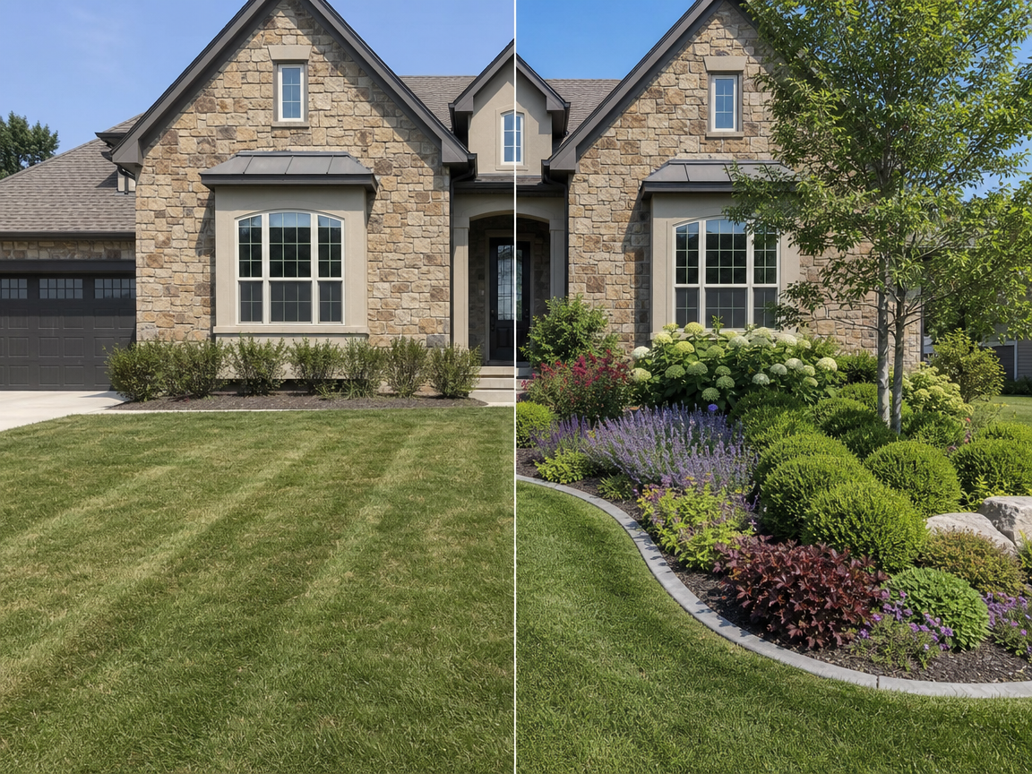 AI Landscape Design applied to an existing residential property photo