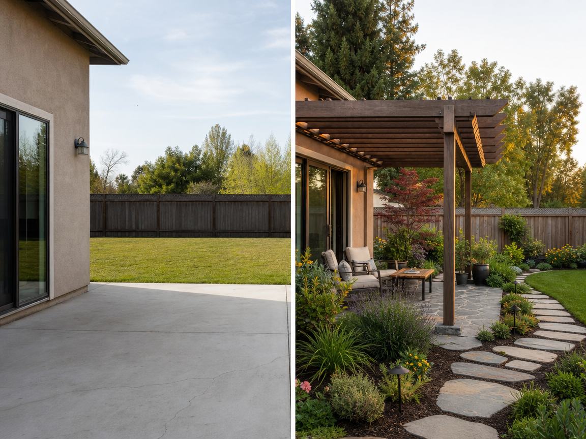 AI Landscape Design before and after result for a residential yard